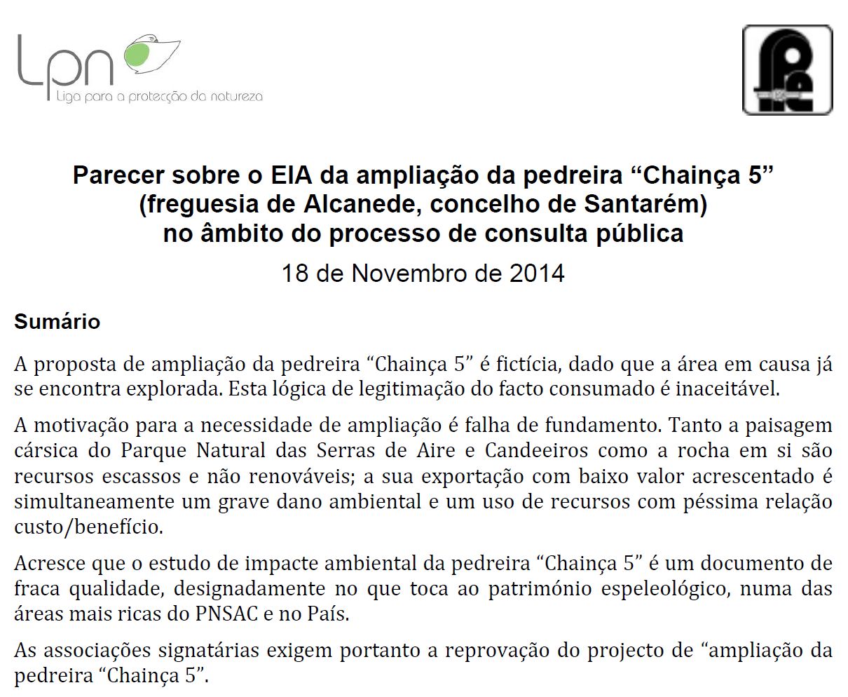 Parecer sobre o EIA da ampliação da pedreira "Chainça 5"