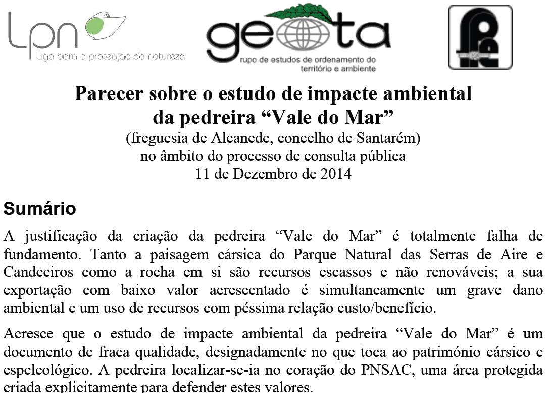 Parecer sobre o EIA da pedreira "Vale do Mar"